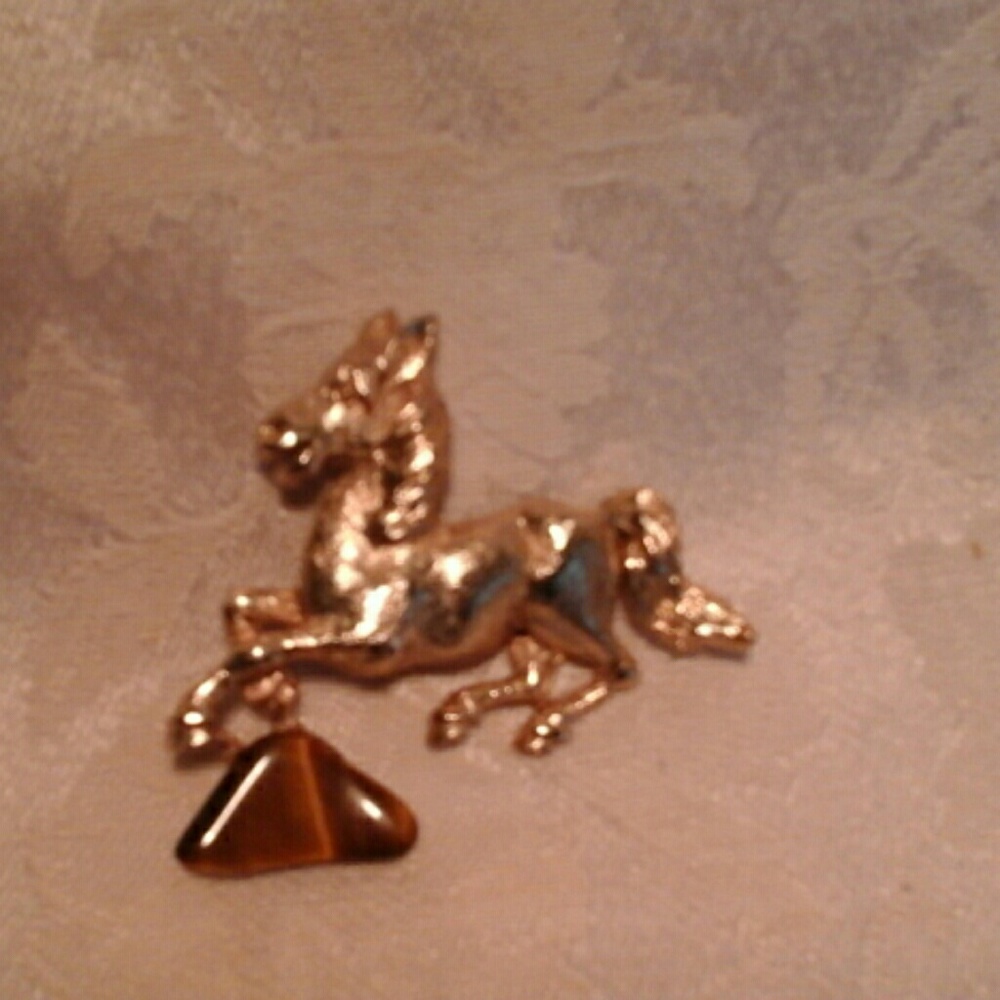 $$ Vntg. Gold tone and Tiger Eye Jumping Horse Pin